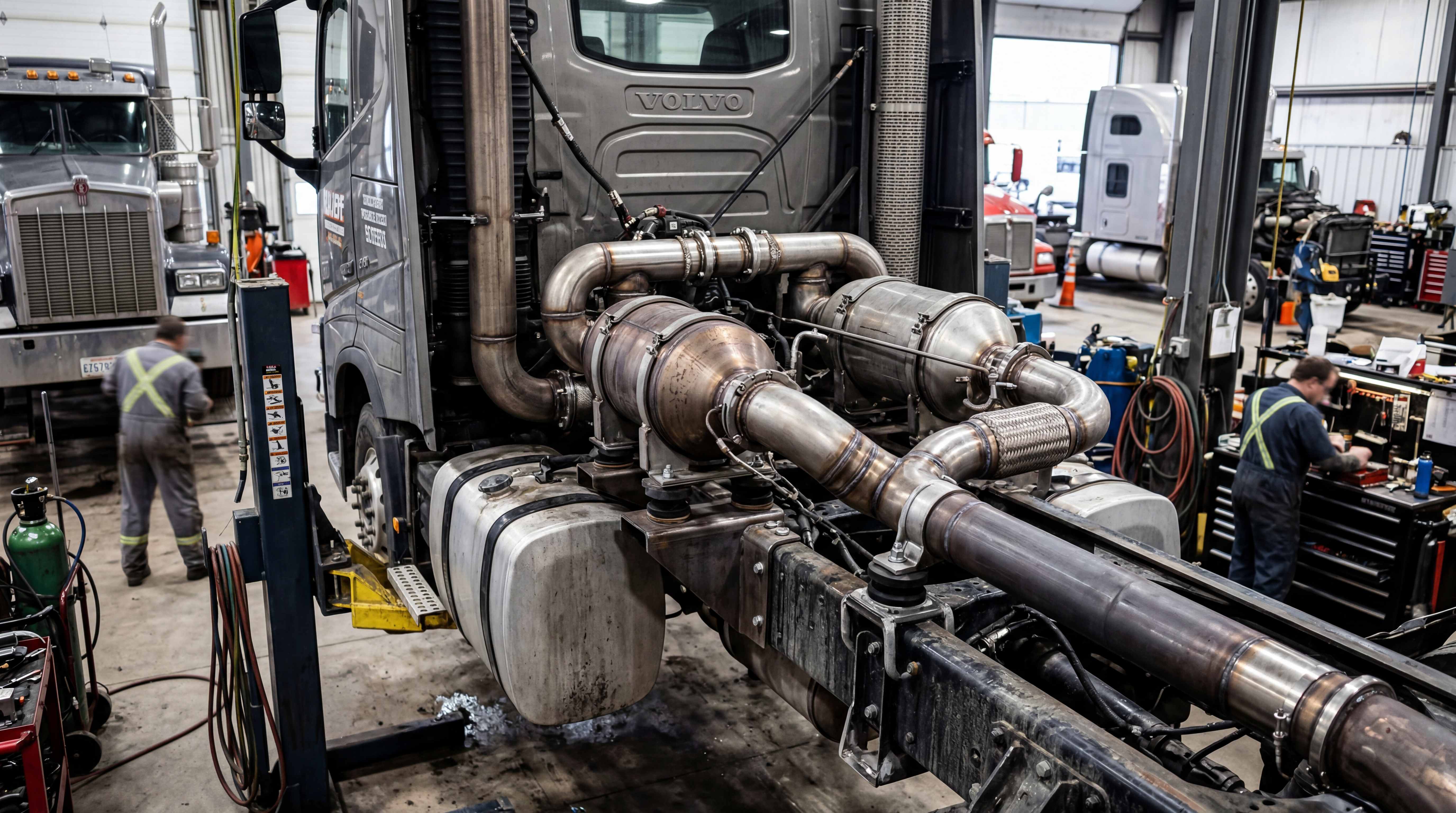 Heavy-duty commercial truck exhaust aftertreatment system with large pipes, flex sections and emission control components in a service workshop